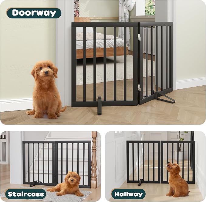 Semiocthome Bamboo Dog Gates Indoor 2-Panel Freestanding Puppy Gates for The House with 2 Metal Stands 24" H Folding Wood Pet Gate for Stairs Doorway, Fully Assembled Safety Fence - Black