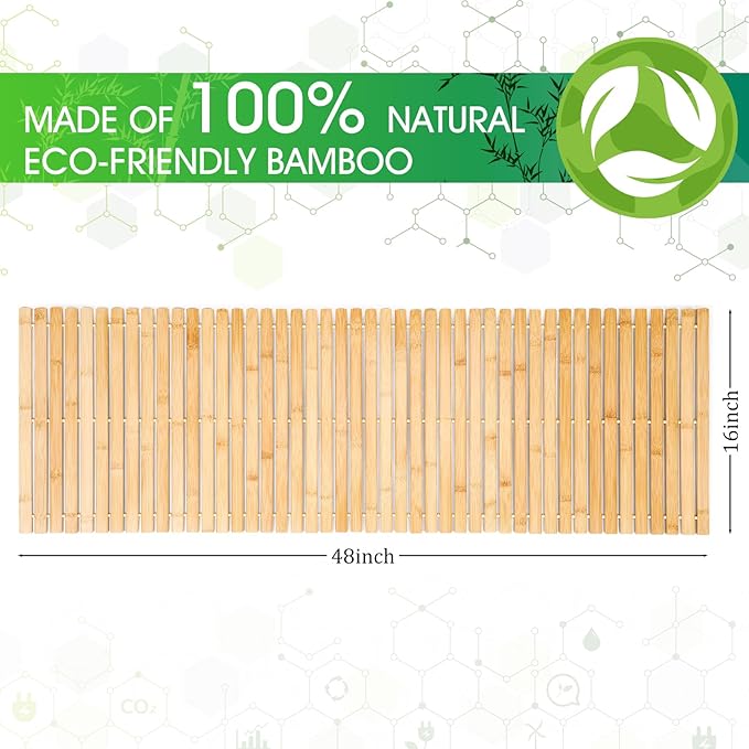 Bamboo Bath Mat Large Long Wood Bath Mat,16x48 Inch Non Slip Bamboo Shower Floor Mat Wooden Bathroom Mat for Bathtub,Spa,Door,Sauna or Outdoor (Natural Slat)