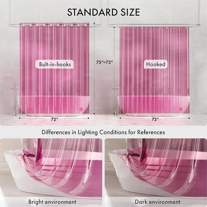 AmazerBath No Hook Shower Curtain and Liner 3-in-1, 8G Luxury Heavy Duty Clear Hot Pink No Hook Shower Curtain Liner, 72x75 Cute EVA Bathroom Weighted Plastic Shower Curtain with 3 Heavyweight Stones