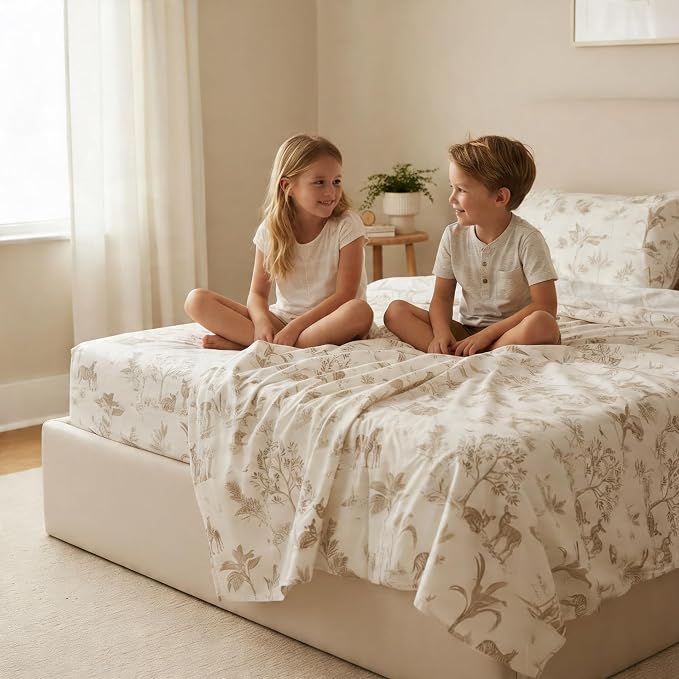MakeMake Organics Organic Sheet Set Queen (4 Piece) GOTS Certified Organic Cotton Sheets 300 TC Sateen Soft Fitted Sheet Flat Sheet Pillow Cases Toddler Kids (Queen, Safari)