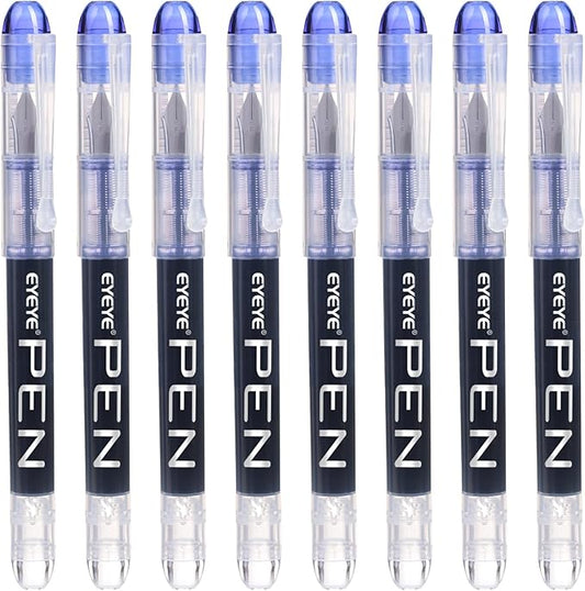 EYEYE Disposable Fountain Pens Fine Point, 8 Pack Blue Pens for Writing, Stainless Steel Nib, Smooth Writing for Journaling, Drafting, Sketching, Doodling & Office Supplies