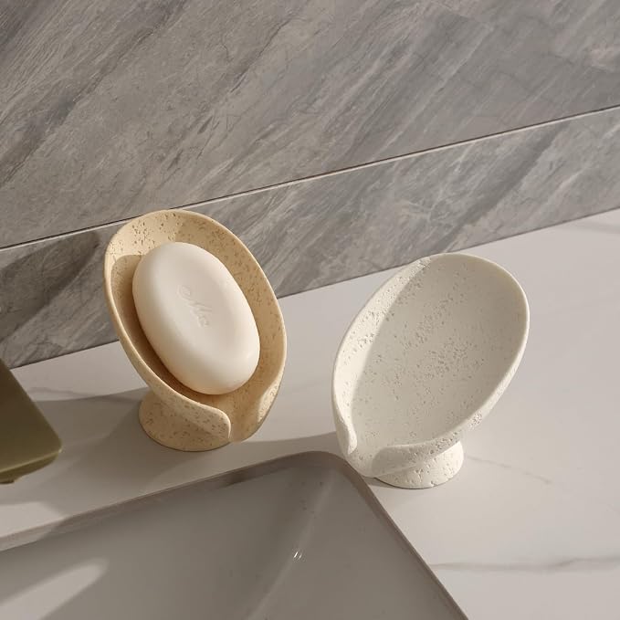 Soap Dish, 2 PCS Self Draining Bar Soap Holders, Leaf Shape, Cream | Resin, Travertine Stone Look, Modern, Keeps Bar Soap Dry, Decorative Soap Saver for Bathroom Countertop Kitchen Sink Bathtub