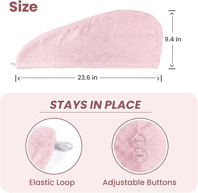 Mandydov 100% Cotton Hair Towel Wrap for Women, 2 Pack Thickened & Super Absorbent Turbans, Anti Frizz Quick Dry Hair Towels (White, Pink)