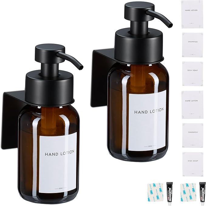 Relaxdays Soap Dispenser, Set of 2, 250 ml, Glass, Stainless Steel, Wall-Mounted, Adhesive, Sanitiser Pump, Brown/Black