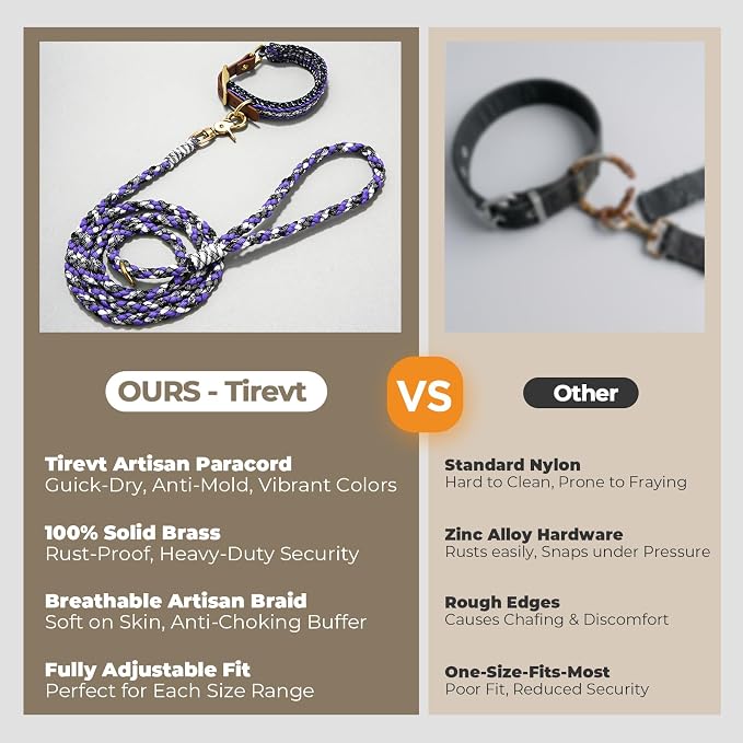 Tirevt Hand-Woven Dog Collar and Leash Set:Color-Block Design, Premium Reinforced Buckle, Adjustable Artisan Paracord for Puppies, Small, Medium & Large Dogs (Purple, XS)