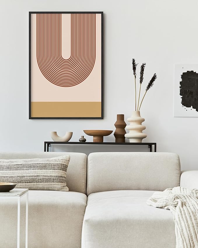 Continuous Line Face Wall Art Abstract Portrait Organic Shapes Earth Tones Terracotta Mid Century Modern 24x36 Inch Oak Wood Black Framed Minimalist Line Drawing for Vanity
