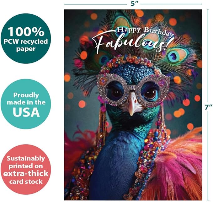 Tree-Free Greetings Fabulous Peacock Birthday Card - 1 Recycled 5x7 Card & Matching Envelope, Thick Cardstock, Made in USA - Flamboyant Bird Celebration