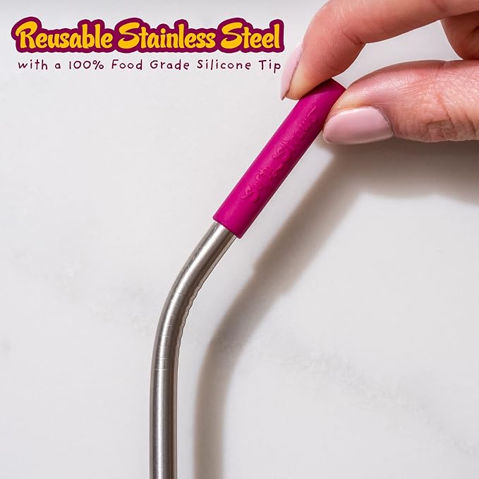 Softy Straws Premium Reusable Stainless Steel Drinking Straws With Silicone Tips + Patented Straw Cleaners and Carrying Case - 9” Long Metal With Curved Bend for 20/30/32oz Tumblers
