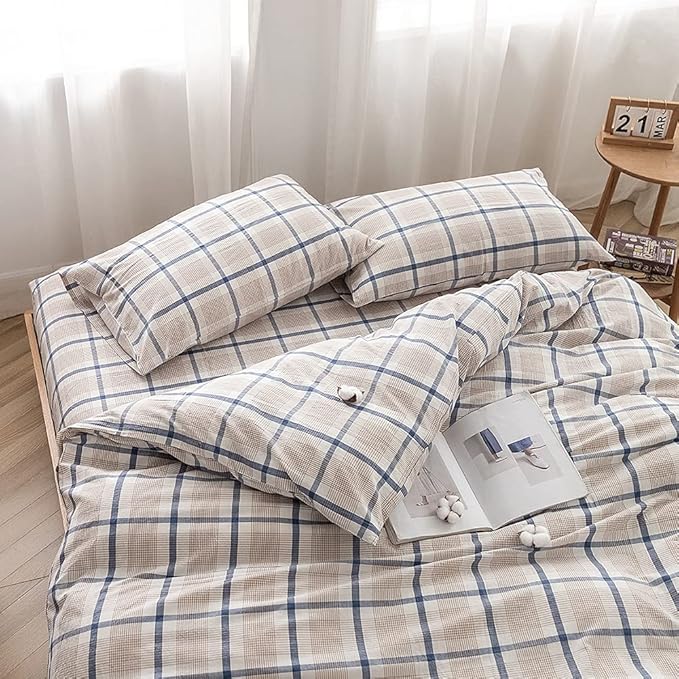FACE TWO FACE Bedding Duvet Cover Set100% Washed Cotton Duvet Cover Linen Like Textured Breathable Durable Soft Comfy(Full, Blue Grid)