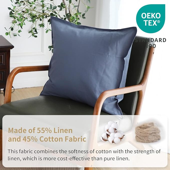 Simple&Opulence Linen Euro Shams Basic Style Solid Color 24x24 Inch Pack of 2 Flax Cotton Blend Decor Throw Pillow Covers Soft Breathable Farmhouse Pillow Shams - Navy Blue