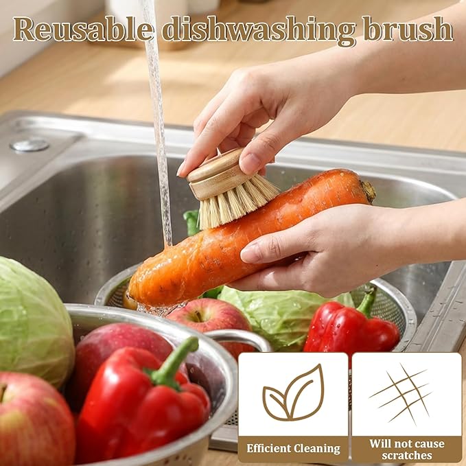 8 Pcs Bamboo Dish Brush with Handle, Natural Sisal Bristle Scrubber Includes 7 Replacement Brush Heads Wooden Kitchen Dish Brushes for Pots, Pans, Bowls, Dishes Cleaning