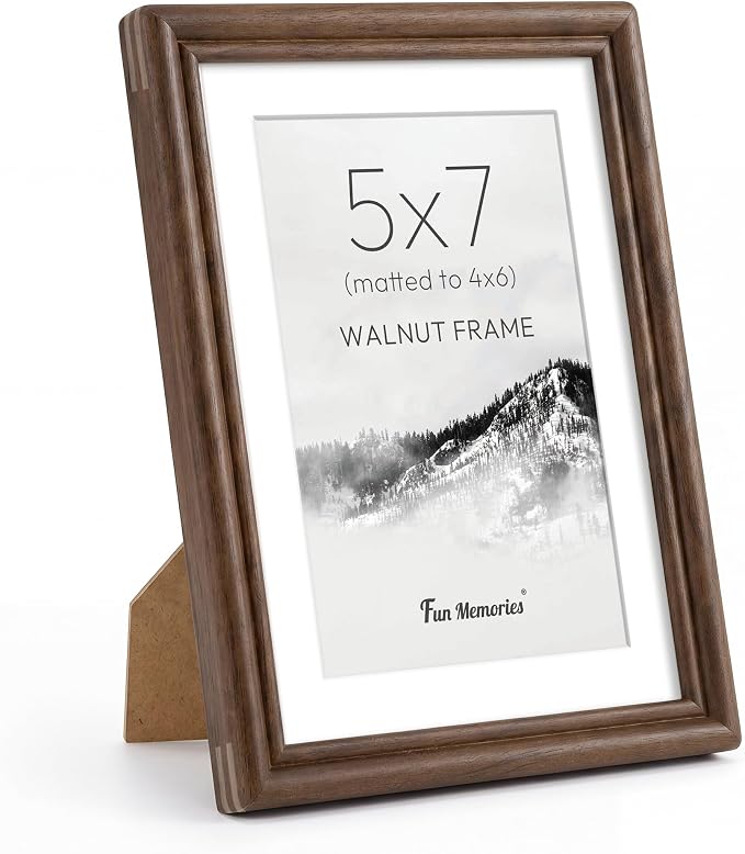 5x7 Picture Frame with Mat for 4x6, USA-Sourced Natural Walnut Wood Handcrafted Rounded Corner with HD Tempered Glass, 5 x 7 Photo Frames Gallery Wall & Tabletop, Vertical or Horizontal Display