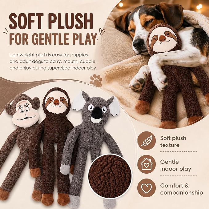 No Stuffing Dog Toys, 3-Pack Squeaky Crinkle Set | 3-pack stuffing-free plush dog toys with squeakers and crinkle sound for supervised indoor play, fetch, tug, and teething