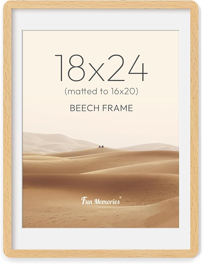 Fun Memories 18x24 Poster Frame - Solid Beech Wood Frame, 18x24 Picture Frame with Mat for 16x20, Wood Frame with Tempered Glass, 24x18 Large Poster Frame for Gallery Wall Display, Natural Beech