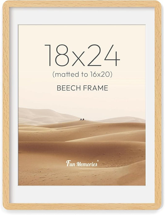 Fun Memories 18x24 Poster Frame - Solid Beech Wood Frame, 18x24 Picture Frame with Mat for 16x20, Wood Frame with Tempered Glass, 24x18 Large Poster Frame for Gallery Wall Display, Natural Beech