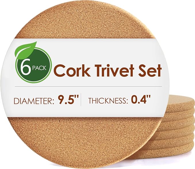 6 Pack Extra Large Cork Trivet, 9.5 Inch High-Density Thick CorkTrivets for Hot Dishes, Heat Resistant Cork Trivets for Hot Pots and Pans Kitchen, Countertop Wooden Table, Coasters