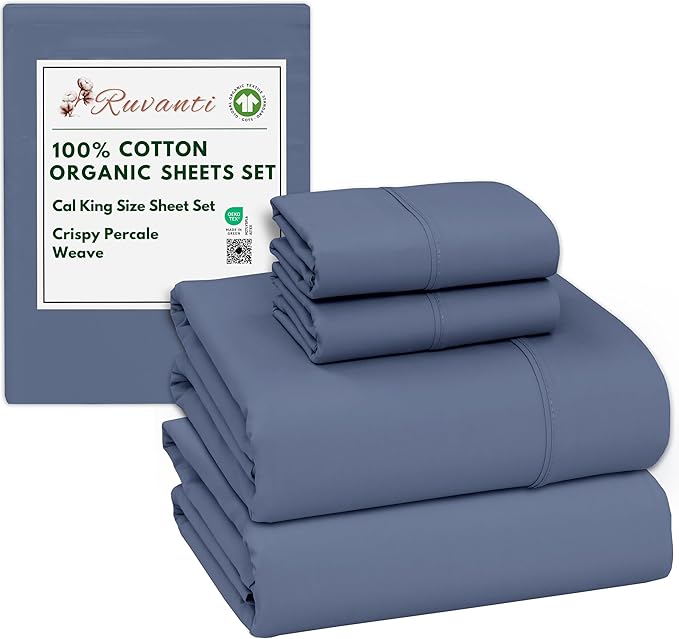 RUVANTI 100% Cotton Organic Percale Sheets Cal King Size – Crisp Cooling Bed Sheets for Hot Sleepers, Deep Pocket 13”, Soft Peach Finish, Breathable & Durable Hotel-Style 4 Pcs, Wild Wind