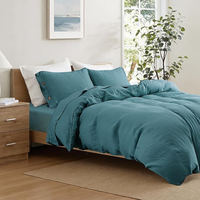 S VICTORY SYMBOL 100% Organic Linen Duvet Cover Set King Size 3pcs,Natural French Washed Flax CK Bedding Set(1 Duvet Cover 106"x92"and 2 Pillowcases) with Coconut Button Closure(Mineral Blue)