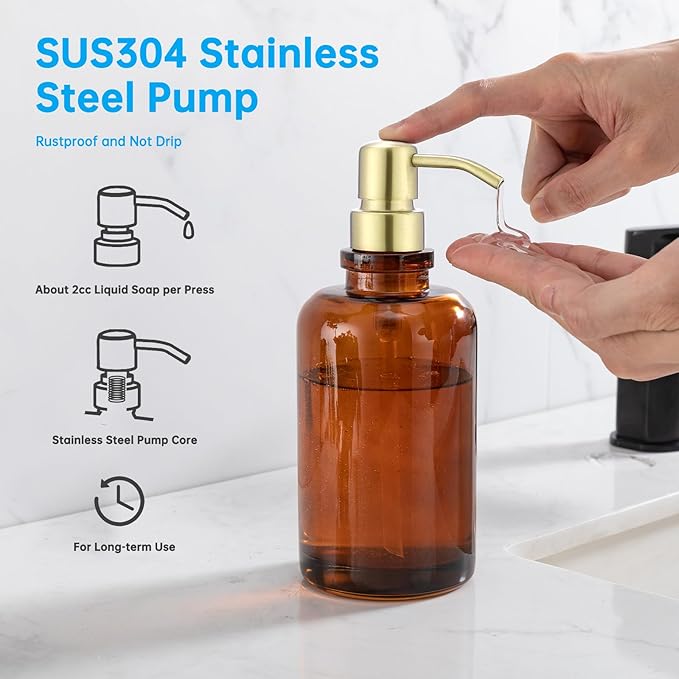 Amber Soap Dispenser Glass Bottle with Brushed Gold Pump, 17 OZ Liquid Soap Dispenser Cylindrical with Stainless Steel Pump for Dish Hand Soap Bathroom Kitchen Vanity Countertop