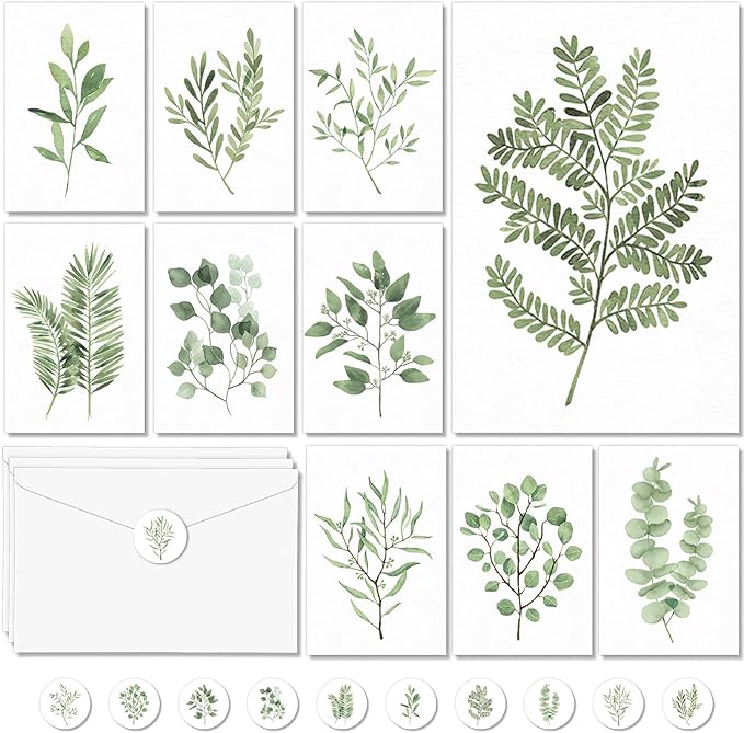 50PCS Greenery Blank Cards and Envelopes Bulk 4x6 Inch Watercolor Botanical Greeting Cards With Envelopes Stickers Green Leaves Plants Thank You Note Card For Birthday Baby Bridal Shower Wedding