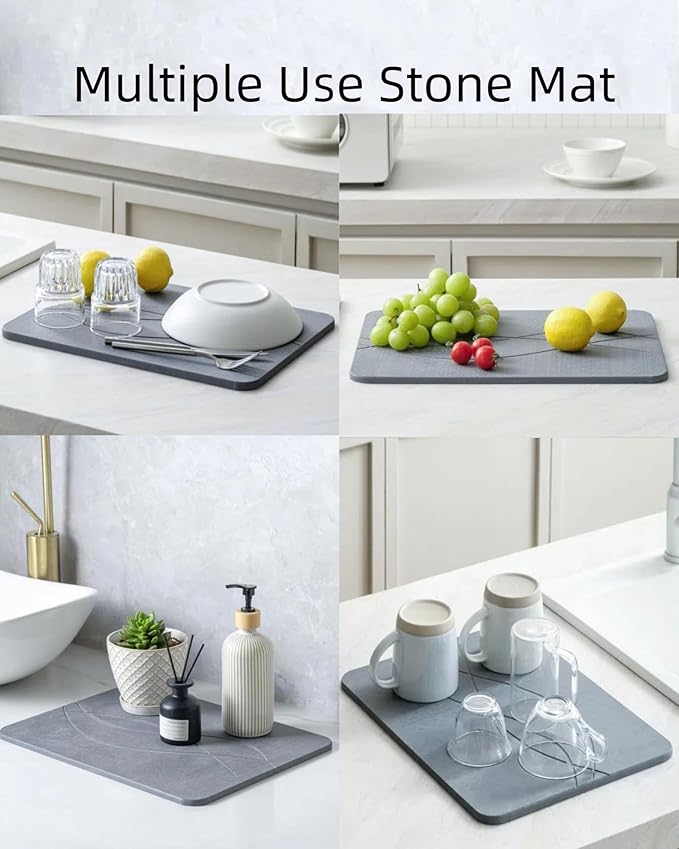 Stone Dish Drying Mat for Kitchen Counter, Super Absorbant Fast Drying Diatomaceous Earth Stone Dish Drying Mat Compact, Kitchen Mat Small Nonslip Heat Resistant, 15.8*11.8'',Gray