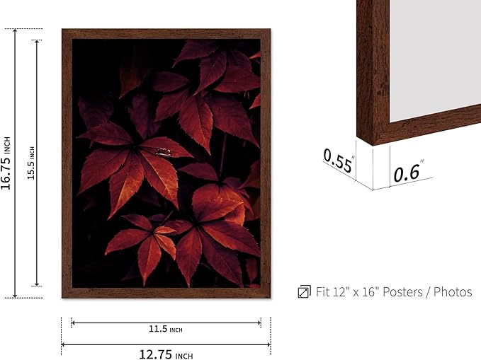 Monem Art Red Autumn Leaves Macro Photography Print - Moody Botanical Nature Poster - Wall Decor for Living Room, Bedroom or Office - 12x16 Brown Framed Wall Art by Mareike Bohmer
