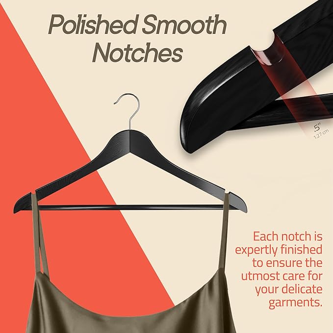 Black Wooden Hangers 5 Pack – Heavy-Duty with 360° Swivel Hook, Non-Slip, Pants Bar & Shoulder Grooves - Wooden Hangers for Suits, Jackets, Dresses & Camisoles, Space-Saving and Smooth Finish