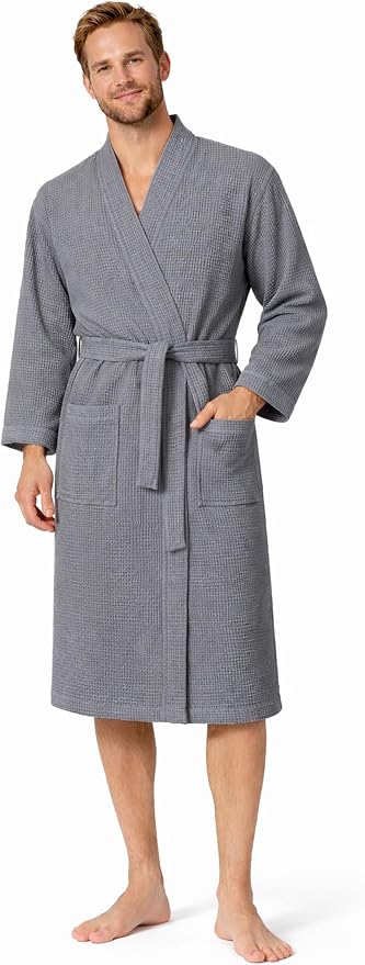 Turkish Linen Men’s Waffle Bathrobe Lightweight Kimono Spa Robe – Quick Dry Bath & Shower Robe for Men with Pockets