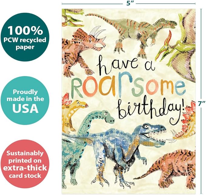 Tree-Free Greetings - Birthday Card - Artful Designs - 1 Greeting Card + Matching Envelope - Made in USA - 100% Recycled Paper - 5 x 7 - Roarsome Dinosaurs (GO69957)