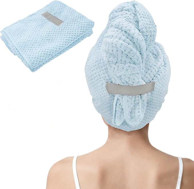 Large Microfiber Hair Towel for Women, Super Soft Absorbent Quick Dry Hair Towel Wrap with Elastic Band, Fast Drying Anti Frizz Hair Turban for Curly Long Thick Wet Hair Care 24''x40'' (Blue)