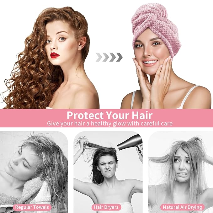 my novel things 3 Pack Hair Towel Wrap for Women, 25.4" x 9.8" Microfiber Towels, Super Absorbent Quick Dry with Button for Curly Hair Anti Frizz (Pink,White,Purple) Gift for Women Girls