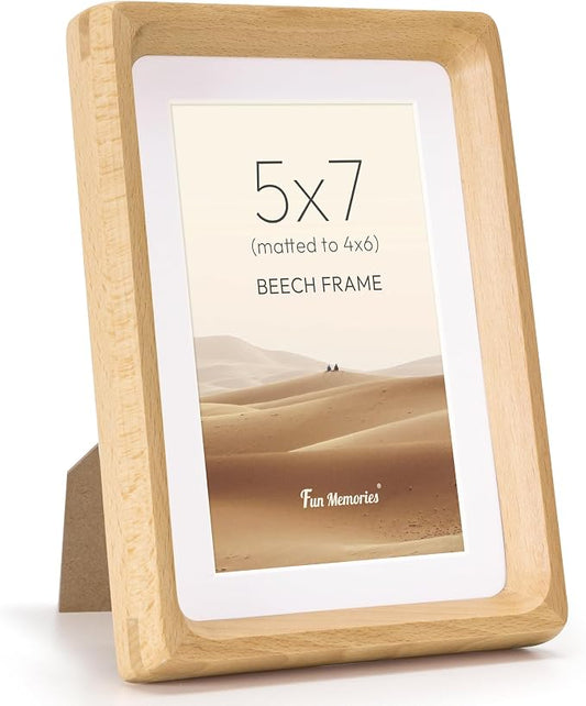 Fun Memories 5x7 Picture Frame, USA-Sourced Beech Wood Photo Frames with HD Tempered Glass, Handcrafted Rounded Corner 5 x 7 Wooden Frames Matted to 4x6 Photos, 5x7 Frame, Tabletop or Wall Display