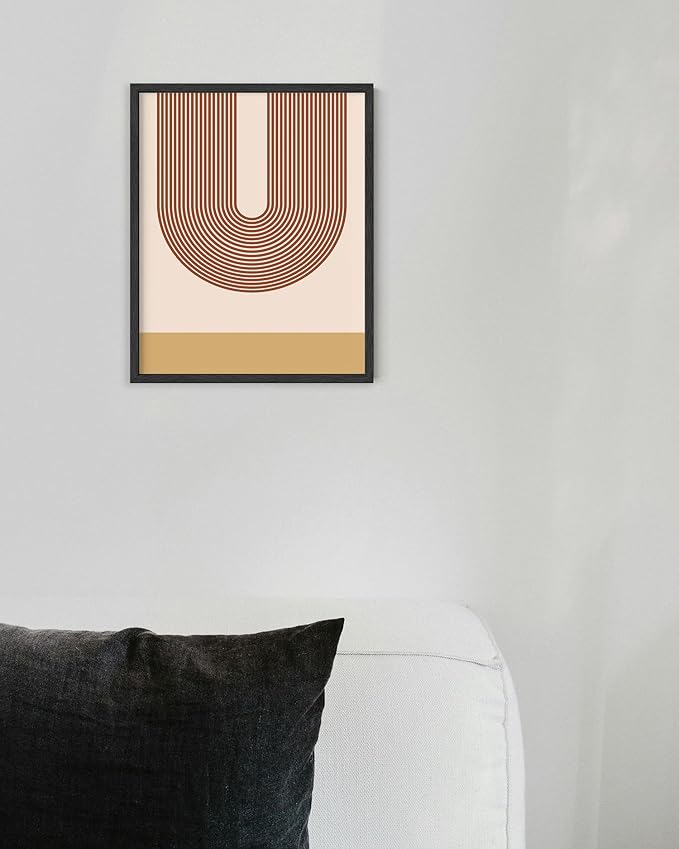 Continuous Line Face Wall Art Abstract Portrait Organic Shapes Earth Tones Terracotta Mid Century Modern 8x10 Inch Oak Wood Black Framed Minimalist Line Drawing for Vanity