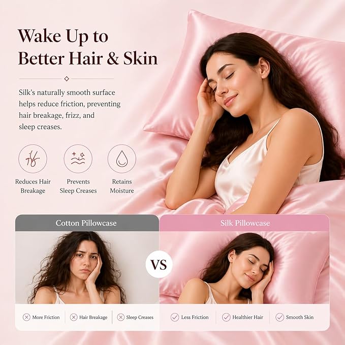 Pink Mulberry Silk Pillowcase Queen Size - 22 Momme Silk Pillow Case for Sleeping Women, Luxury Hypoallergenic Acne Pillow Case, Anti-Breakage Self-Care Item, Girly Gifts, 1 Pc 20"x30" (Queen, Pink)