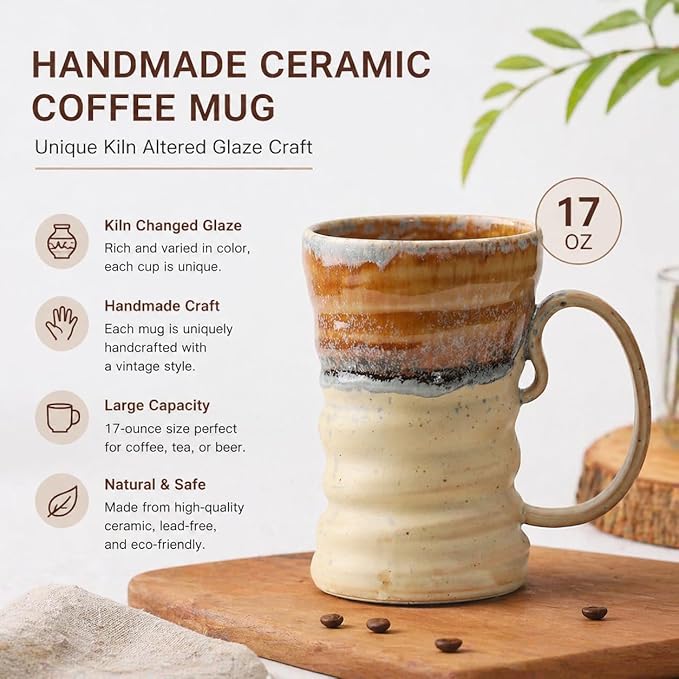 17oz Large Unique Cool Tall Handmade Ceramic Coffee Mug with Comfortable Big handle, Big Pottery Tea Mug, Artisanal Stoneware Coffee cup, Rustic Lead-free Tea Cups, Microwave safe,Biege and Brown