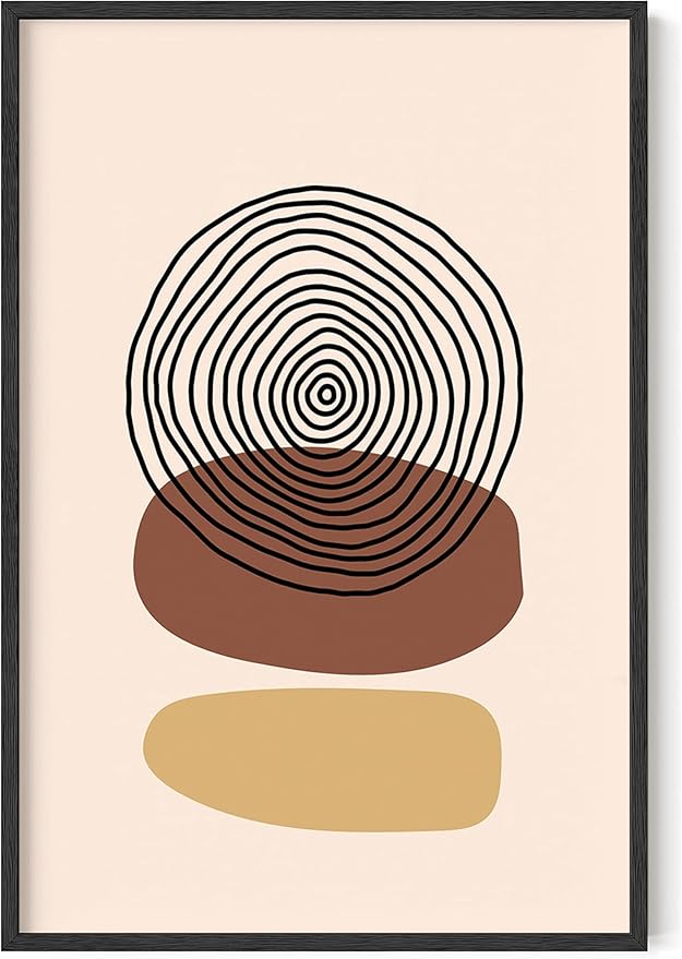 Boho Abstract Wall Art Minimalist Stacked Stones Circles Earth Tones Terracotta Mid Century Modern 24x36 Inch Oak Wood Black Framed Zen Meditation Print for Living Room Office Decor