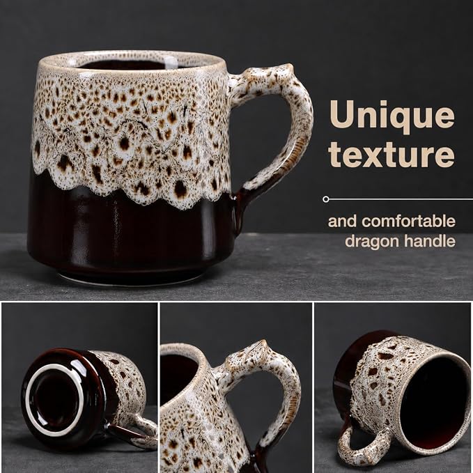 12oz Boho Style Leopard Pattern Reactive Glaze Ceramic Pottery Coffee Mug, Lead-Free Glaze Ceramic Tea Mug,Tea cup with handle, stoneware mugs, Microwave and Dishwasher Safe (White)