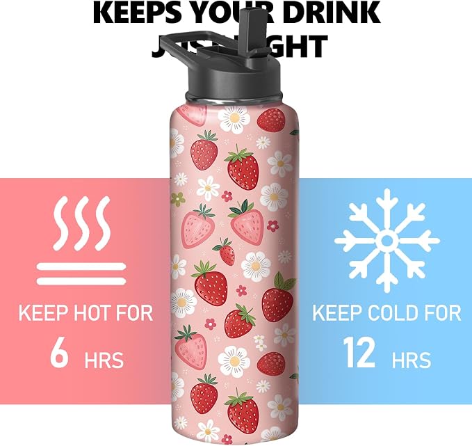 40oz Pink Strawberry Water Bottle with Handle and Flip Straw, Sports Stainless Steel Insulated Cup Travel Coffee Mug Tumbler, Birthday Mothers Day Chritmas Gifts for Women