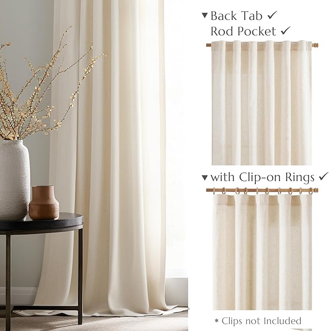 Linen Curtains for Living Room Bedroom 84 Inches Long Thick Linen Textured Beige Curtains Light Filtering Natural Semi Sheer Farmhouse Window Drapes, Country Rustic Drapes 2 Panels Back Tab/Rod Pocket