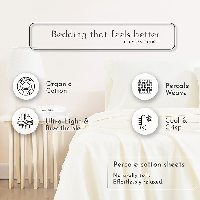 Linen Closet 100% Organic Cotton Full Size Sheets Set, 4 Pcs, Fresh Ivory - Percale Bed Sheets & Pillowcases Set - Up To 16" Deep Pocket Fitted Sheet - Cooling, Crisp & Breathable - For Hot Sleepers