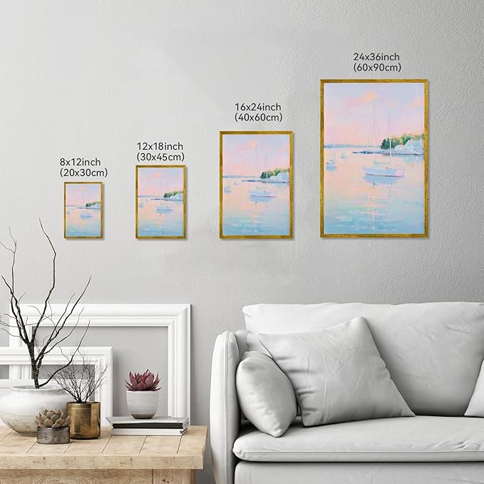 Coastal Pink Wall Art Set of 3 Maximalist Ocean & Beach Landscape Canvas Poster Trendy Sailboats Flowers Sunset Painting Pastel Picture Prints for Bedroom Home Decor 8x12inch Gold Framed