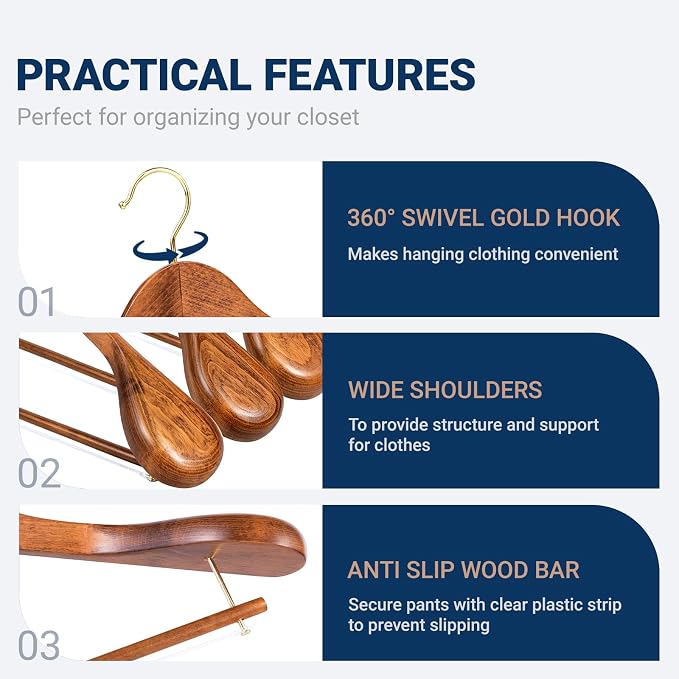 Amber Home 6 Pack Wide Shoulder Vintage Wooden Suit Hangers, Antique Wood Coat Hangers with Non Slip Pants Bar, Clothes Hangers for Jackets, Sweaters, Pants & Heavy Clothes (Vintage)