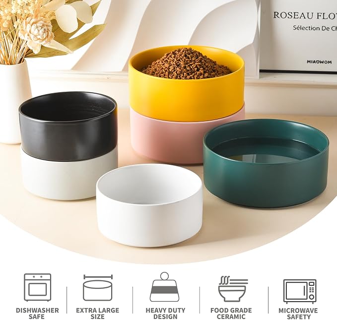 Ceramic Set of 2 Dog Bowls - Classic Dogs Food & Water Bowl for Small and Medium Breed, Heavy-Duty Non-Slip Dog Dishes, Food Grade Pet Bowl, Dishwasher & Microwave Safe (6'', 2*30OZ, Green)
