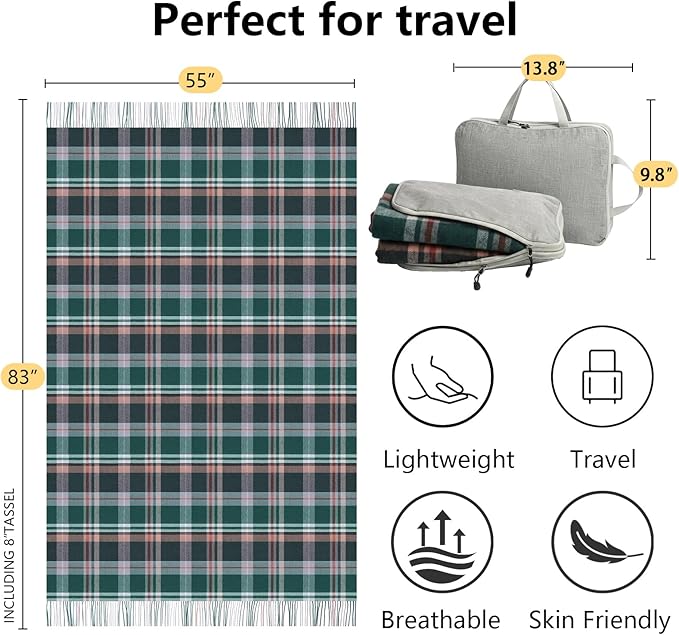 100% Wool Blanket Throw,Green Plaid Wool Blanket with Compact Bag,Rustic Soft Lightweight Blanket for Couch,Sofa,Bed & Lounging Decoration, Warm Travel Blanket for Home, Airplane,Ideal Gifts 55"x83"