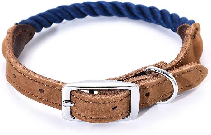 Mile High Life Genuine Leather Dog Collar, Durable Braided Cotton Rope Collar with Metal Pin Buckle for Small Medium Large Dogs (Navy Blue, L Neck 17"-21")