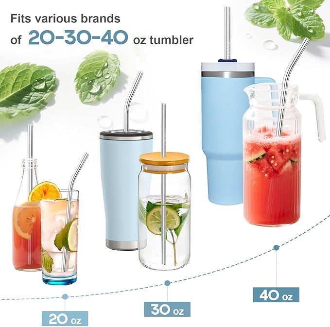 Dsmile 12 Pcs Reusable Stainless Steel Straws - 0.31'' wide 3 Size： 12.2''10.5''8.5''Long,Including 6 Straight and 6 Bent Clear Glass Straws with 2 Cleaning Brush for Smoothies, Coffee, Juice, Sodas