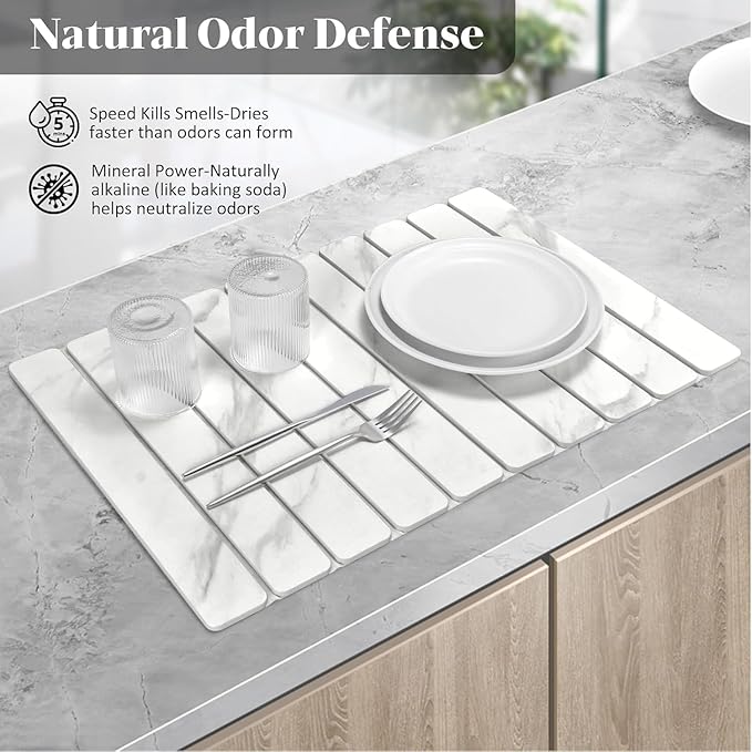 Large Stone Dish Drying Mat for Kitchen Counter, Quick Dry Dish Drying Mats, Foldable Absorbent Diatomaceous Earth Mats for Dishes Bottles Cups, Match Any Countertop (White Marble 24"×16" & 8"x4")