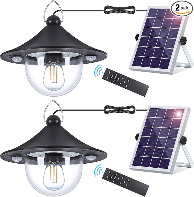 ropelux Solar Shed Indoor Outdoor Lights with 3000LM 5 Modes (Daytime Available) 3 Color Temperatures, Waterproof Solar Powered Motion Sensor Pendant Light with Remote for Barn Gazebo, 2 Pack
