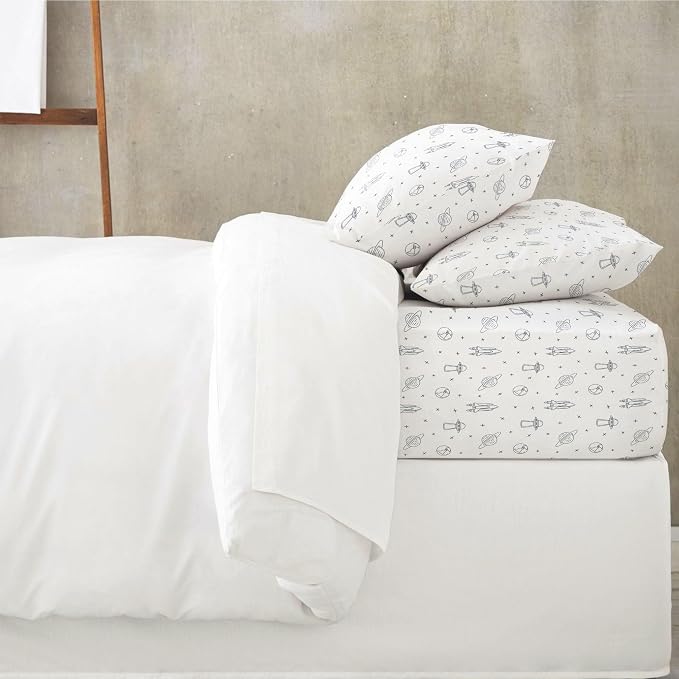 MakeMake Organics Organic Queen Fitted Sheet Set GOTS Certified Organic Cotton Fitted Sheet with Pillowcase Ultra Soft Non Toxic Breathable Hypoallergenic Colorful Neutral (Queen, Astro)