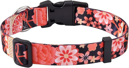 Mihqy Dog Collar with Bohemia Floral Tribal Geometric Patterns - Soft Ethnic Style Collar Adjustable for Small Medium Large Dogs(Red Flower A,M)